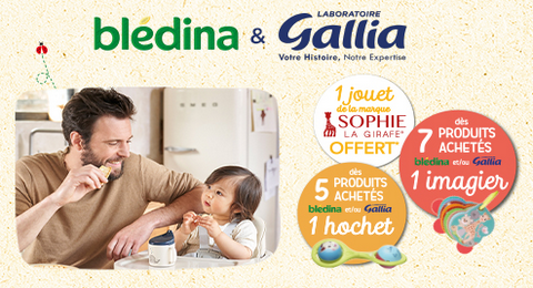 Offre Blédina & Gallia : 1 JOUET Sophie la Girafe OFFERT pour l’achat SIMULTANÉ de 5 ou 7 produits Blédina ou Gallia
