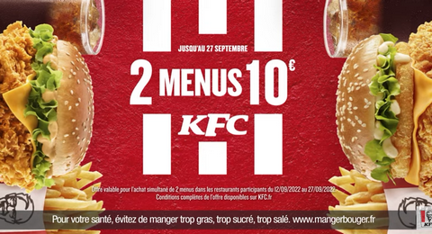 KFC offre Promo Septembre 2022 : 2 Menus=10€