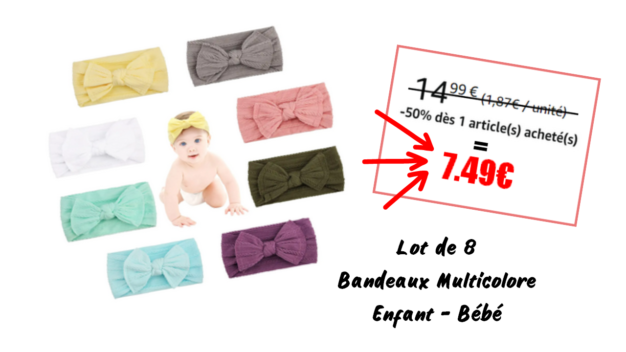 Lot de 8 Bandeaux Multicolore Enfant – Bébé en promotion à 7.49€ au lieu de 14.99€
