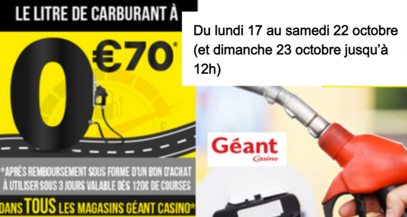 Géant Casino : Le Litre de Carburant à 0.70€ du 17 au 22 Octobre 2022 (et le dimanche 23 Octobre jusqu’à 12h)