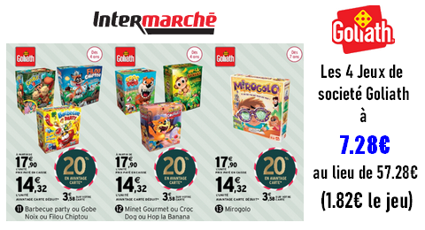 Bon plan Jeux de Société Goliath chez Intermarché : Les 4 jeux de société Goliath à 7.28€ au lieu de 57.28€