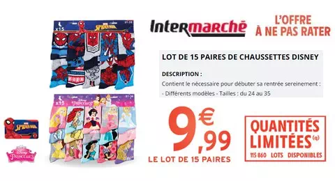 Intermarché L'offre à ne pas Rater Lot de 15 Paires de Chaussettes DISNEY à 9.99€