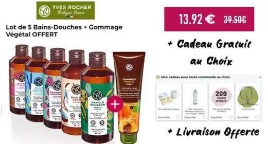 Bon Plan Yves Rocher : 5 Gels douches + 1 Gommage Végétal + 1 Cadeau au Choix + la Livraison Offerte = 13.92€