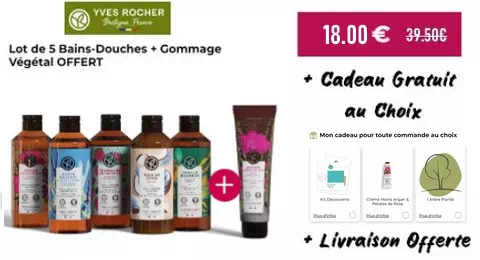 Yves Rocher 5 Bains-douches + Gommage + cadeau offert à 18€