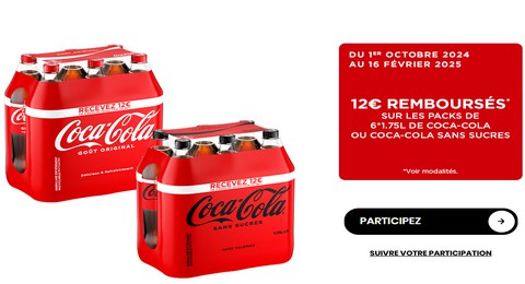 Coca-Cola Jusqu'à 12€ Remboursés sur les Packs Coca-Cola