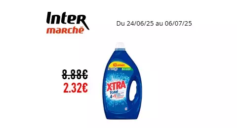 Intermarché : Lessive Liquide X-TRA Total 63 Lavages à 2.32€ au lieu de 8.88€