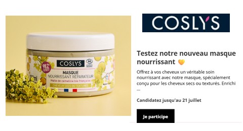Tests Gratuits Coslys : Masque Nourrissant Réparateur Coslys