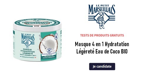 Tester des Produits Tests Gratuits : Masque 4 en 1 Hydratation Légèreté Eau de Coco Bio Le Petit Marseillais