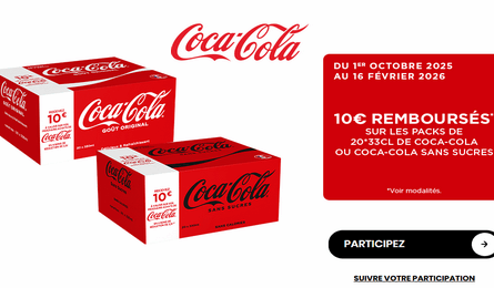 Coca-Cola Offre de Remboursement Jusqu’à 10€ remboursés sur l’achat d'un pack Coca-Cola
