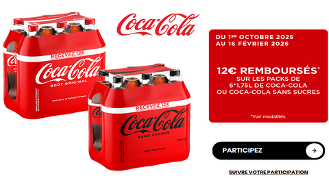 Coca-Cola Offre de Remboursement Jusqu’à 12€ remboursés sur l’achat d'un pack Coca-Cola