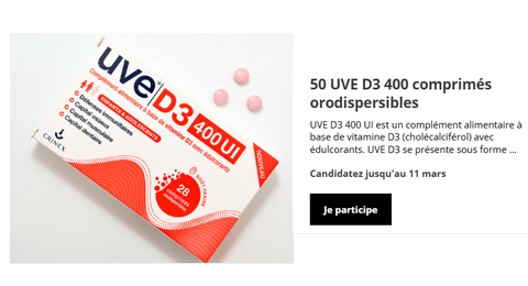 Tests Gratuits complément alimentaire à base de vitamine D3 UVE D3 400 UI Laboratoires Crinex