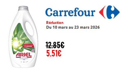 Carrefour Réduction : Lessive Liquide Ariel 35 Lavages à 5.51€ au lieu de 12.85€