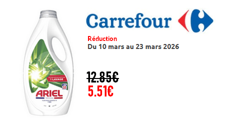 Carrefour Réduction : Lessive Liquide Ariel 35 Lavages à 5.51€ au lieu de 12.85€