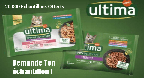 Échantillons Gratuits Nourritures pour Chats Ultima : Bouchées Fit & Delicious et Expert Nutrition Bien-Être Digestif