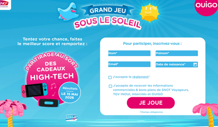 Grand Jeu OUIGO sous le soleil 1 enceinte JBL Flip 1 Nintendo Switch 2 et des Bons d'achat de 5€ à Gagner