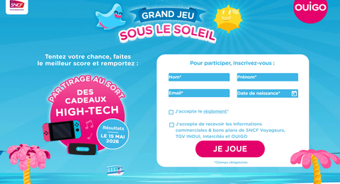 Grand Jeu OUIGO Sous le Soleil 1 enceinte JBL Flip 1 Nintendo Switch 2 et des Bons d&rsquo;achat de 5€ à Gagner