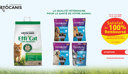 Offre de Remboursement Vetocanis Snack ou Litière  Satisfait ou 100% Remboursé