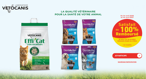 Offre de Remboursement Vetocanis : Snack ou Litière  Satisfait ou 100% Remboursé