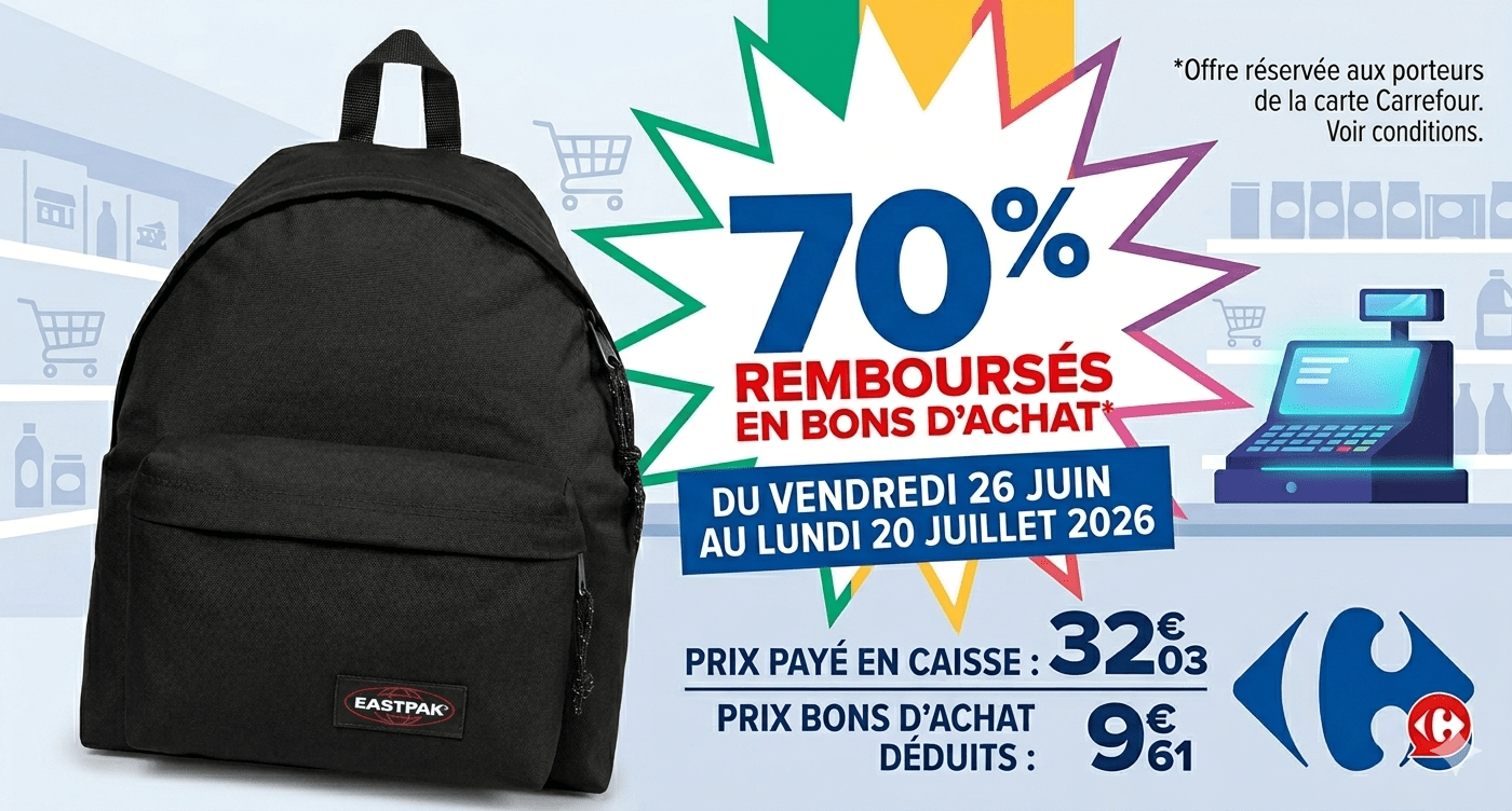 Carrefour Sac à Dos Eastpak à 9,61€ au lieu de 32,03€